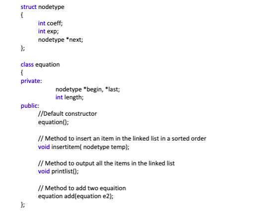 a linked list where each node contains the coefficient and exponent of