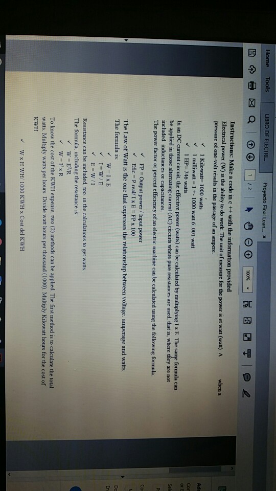  Home Tools LIBRO DE ELECTRIL.. Proyecto Final Lean... x 100% Instructions: