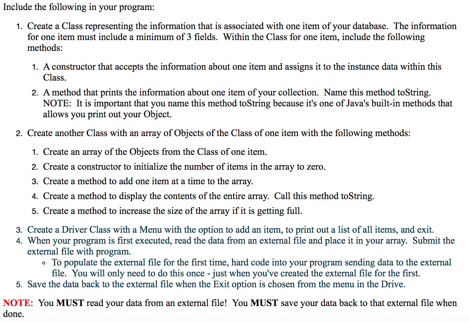 JAVA Create a Class representing the information that is associated with one