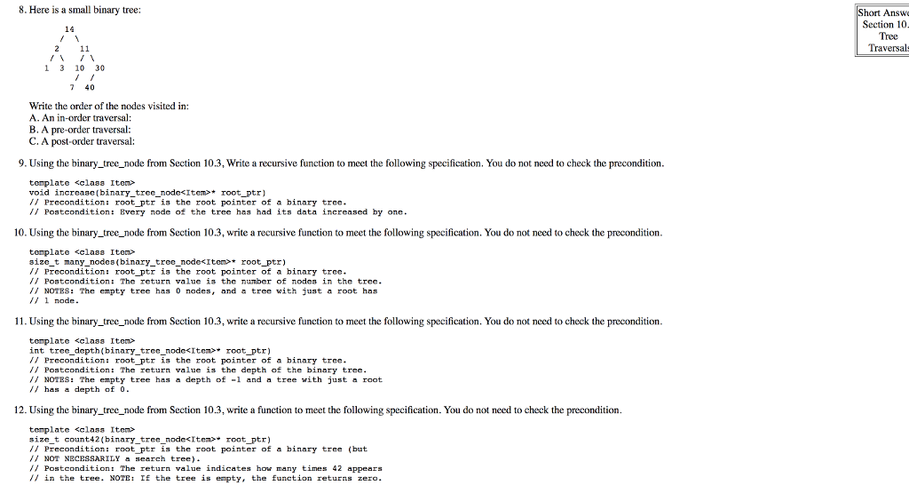  8. Here is a small binary tree: Short Answo Section 10