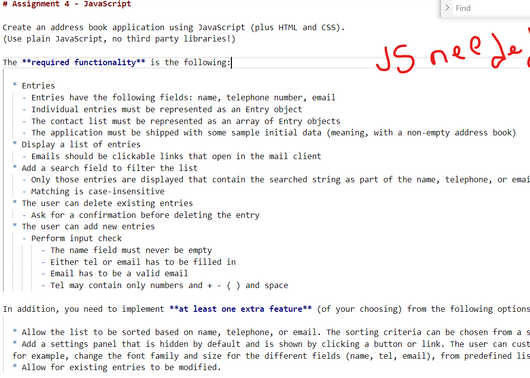  only js code needed # Assignment 4 - JavaScript > Find