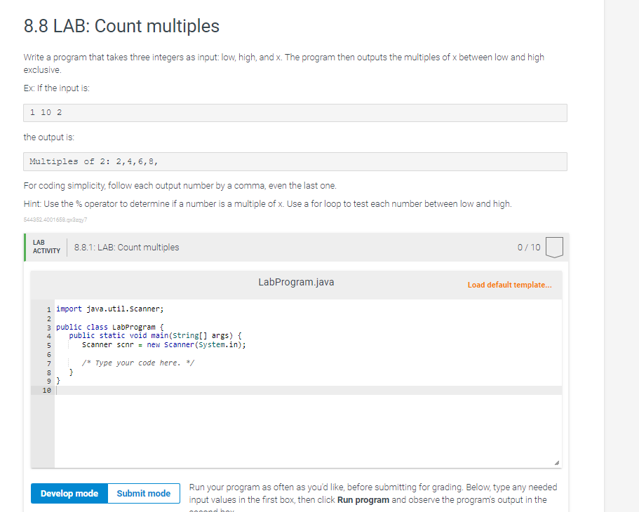  8.8 LAB: Count multiples Write a program that takes three integers