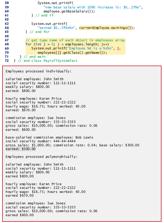 process one object of each of the four Employee subclasses. If the