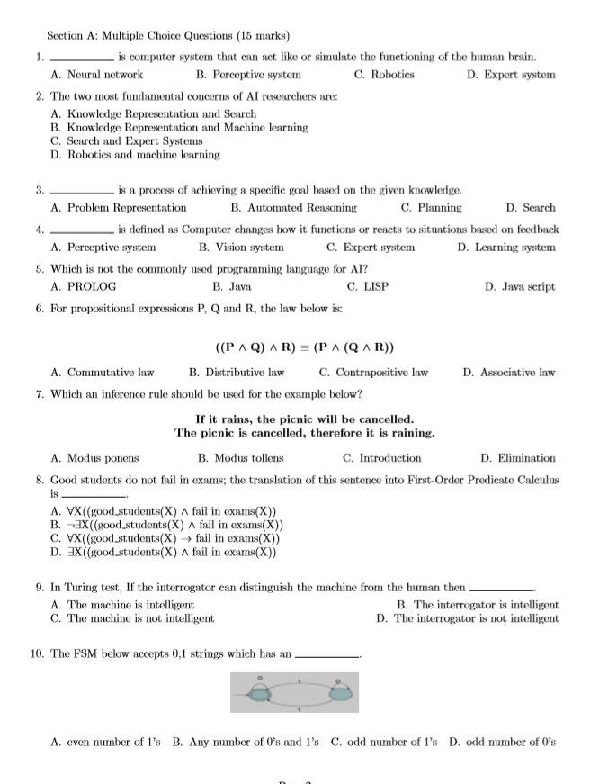 Please solve all questions Section A: Multiple Choice Questions (15 marks) 1.