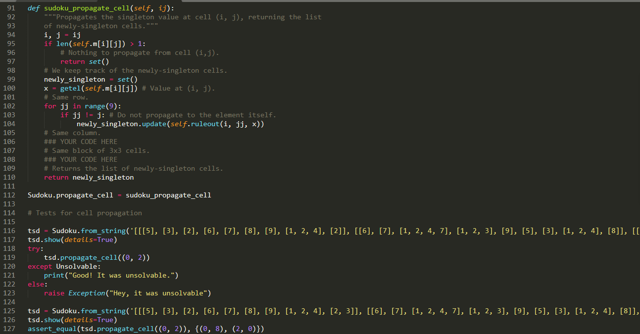 singleton value at cell (i, j), returning the list of newly-singleton cells."""