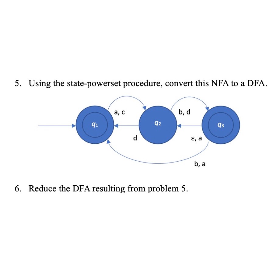  Using the state-powerset procedure, convert this NFA to a DFA. Reduce