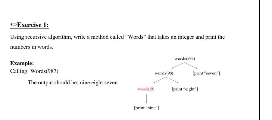 O Exercise 1: Using recursive algorithm, write a method called "Words