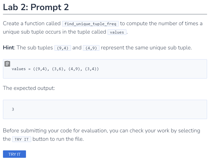  Lab 2: Prompt 2 Create a function called find_unique_tuple_freq to compute