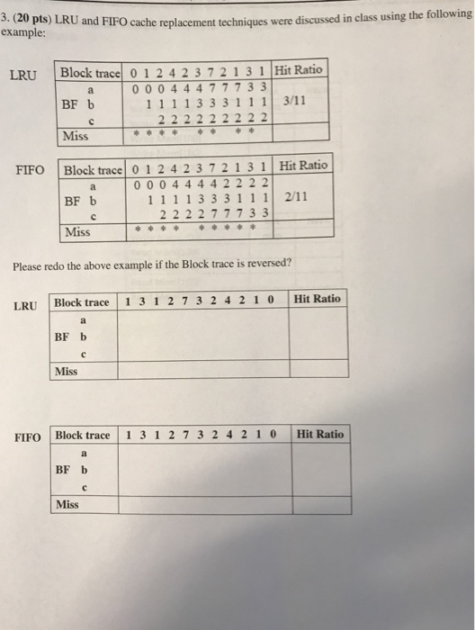  3.(20 pts) LRU and FIFO example cache replacement techniques were discussed