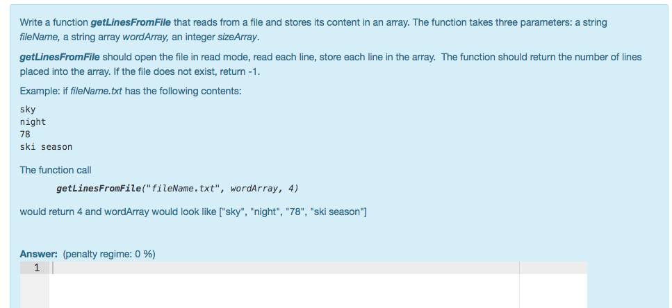  use c++ Write a function getLinesFromFile that reads from a file