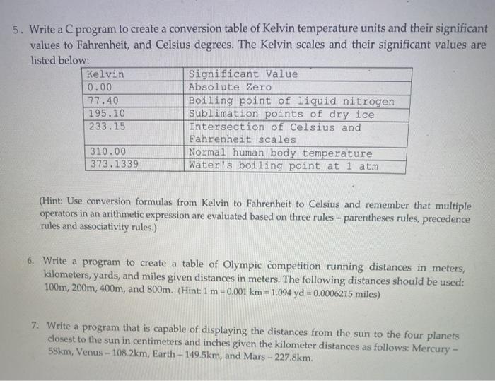 c programmming 5. Write a C program to create a conversion table