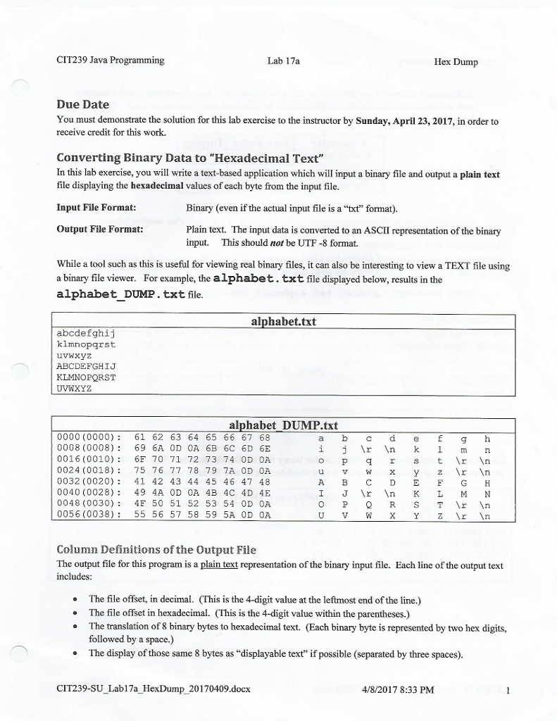  CIT239 Java Programming Lab 17a Hex Dump Due Date You must