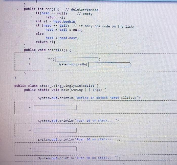 List and fill in the blanks to complete the program class Node