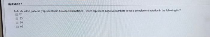  Question 1 Indicate all bit patterns (represented in hexadecimal notation) which