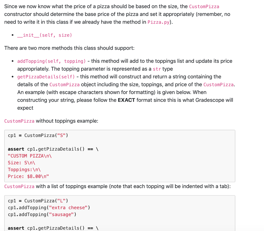 of Pizza. This class should inherit all fields / methods from the