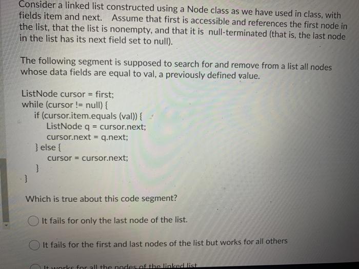  Consider a linked list constructed using a Node class as we