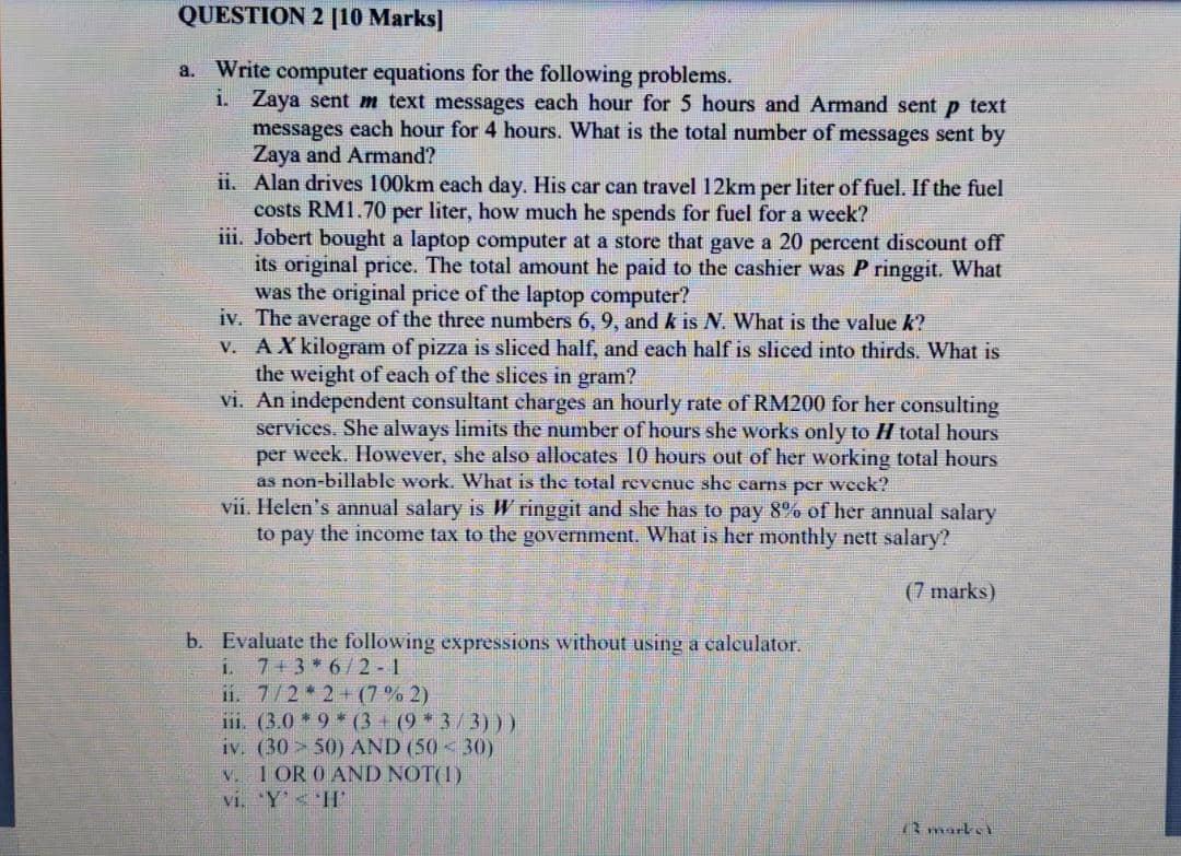 undefined QUESTION 2 [10 Marks] a. Write computer equations for the following