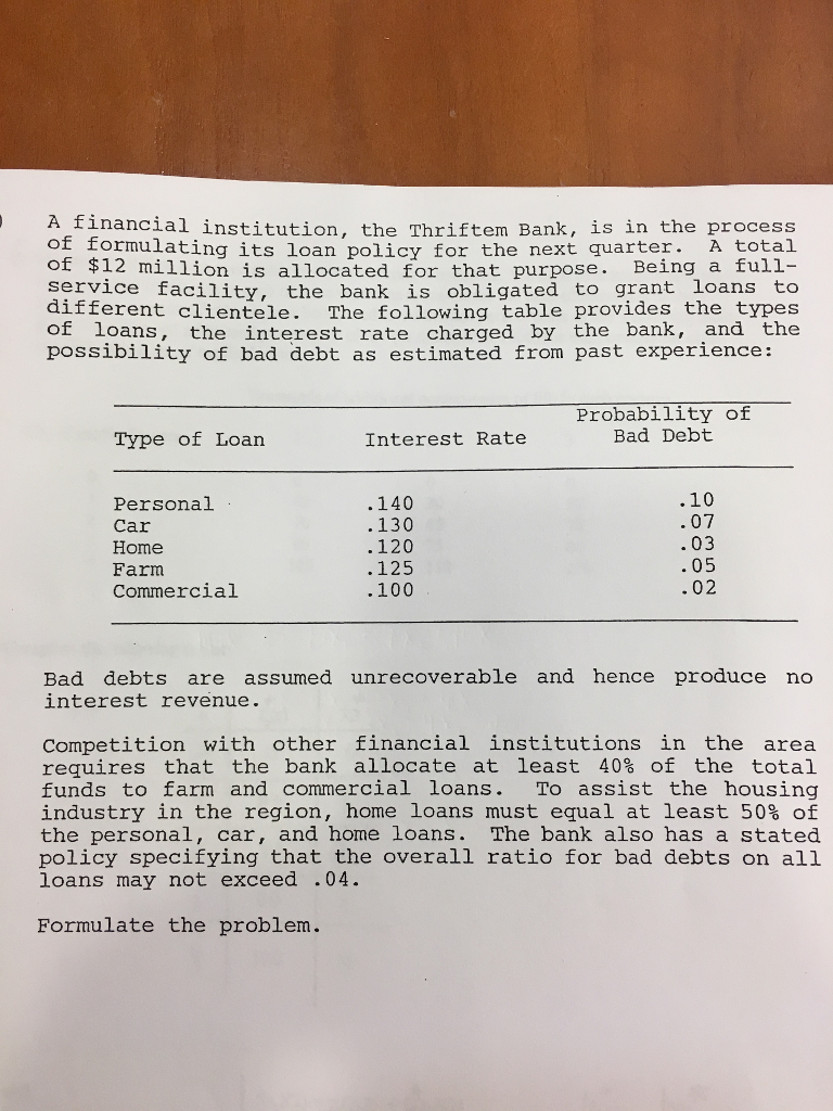  I believe the question is asking to formulate a linear programming