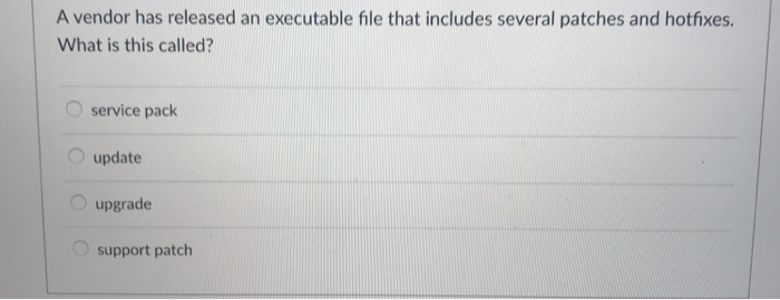  A vendor has released an executable file that includes several patches