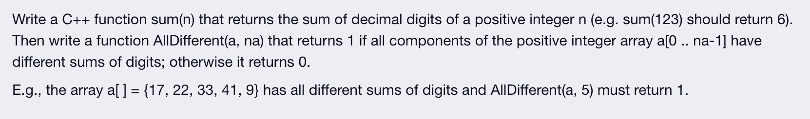  Write a C++ function sum(n) that returns the sum of decimal