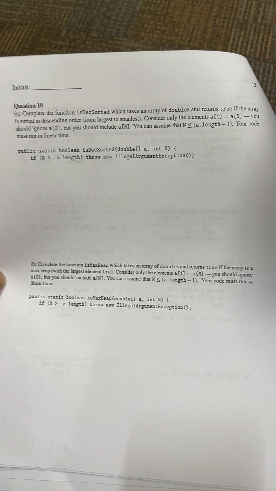  Question 10 (a) Complete the function isDecSorted which takes an array