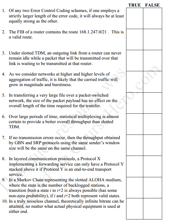 TRUE FALSE 1. Of any two Error Control Coding schemes, if