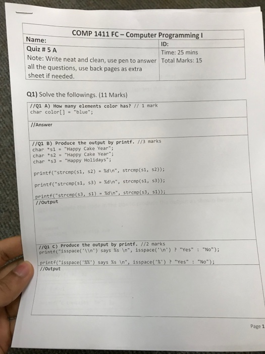  COMP 1411 FC-Computer Programming Name: Quiz # 5 A Note: Write