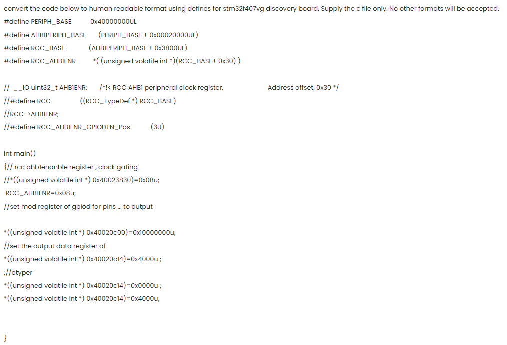 convert the code below to human readable format using defines for