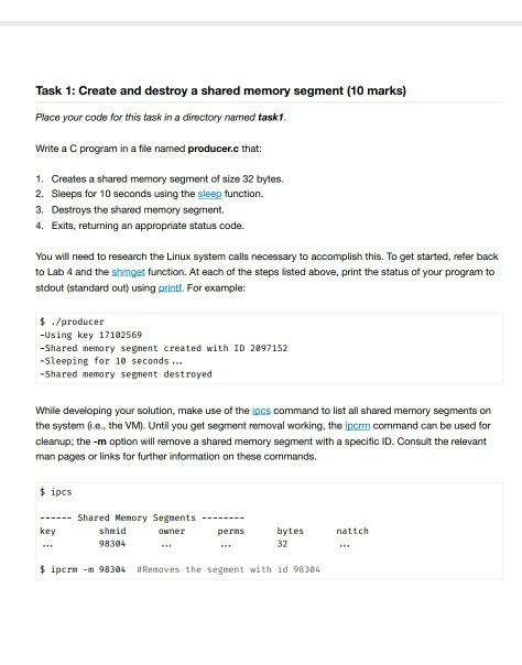  Task 1: Create and destroy a shared memory segment (10 marks)
