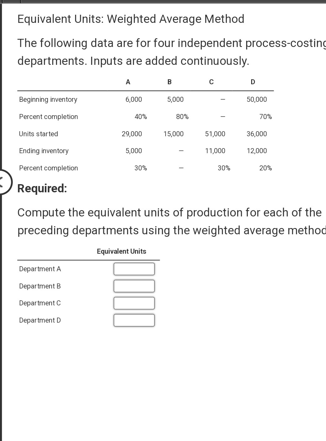  CoursHeroTranscribedText: Equivalent Units: Weighted Average Method The following data are for