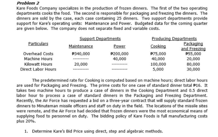 please help me to solve this. CoursHeroTranscribedText: Problem 2 Kare Foods Company