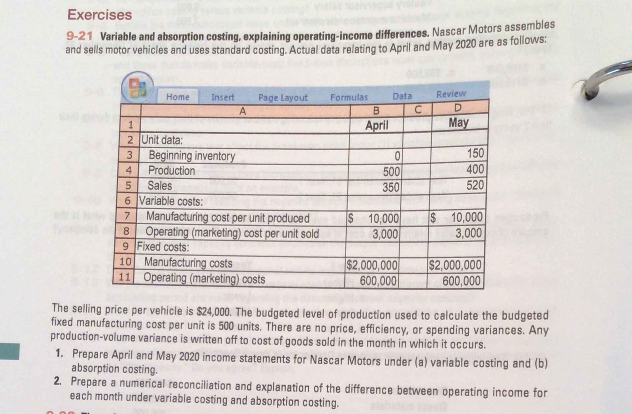CoursHeroTranscribedText: Exercises 9-21 Variable and absorption costing, explaining operating-income differences. Nascar