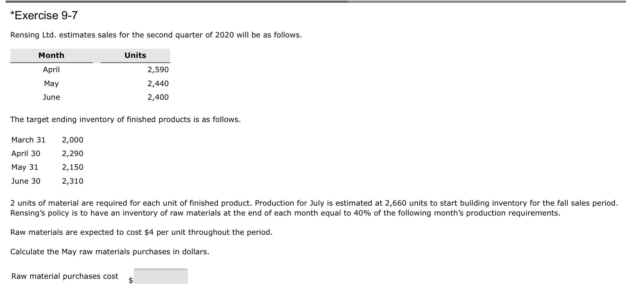 Need help solving please CoursHeroTranscribedText: *Exercise 9-7 Rensing Ltd. estimates sales for