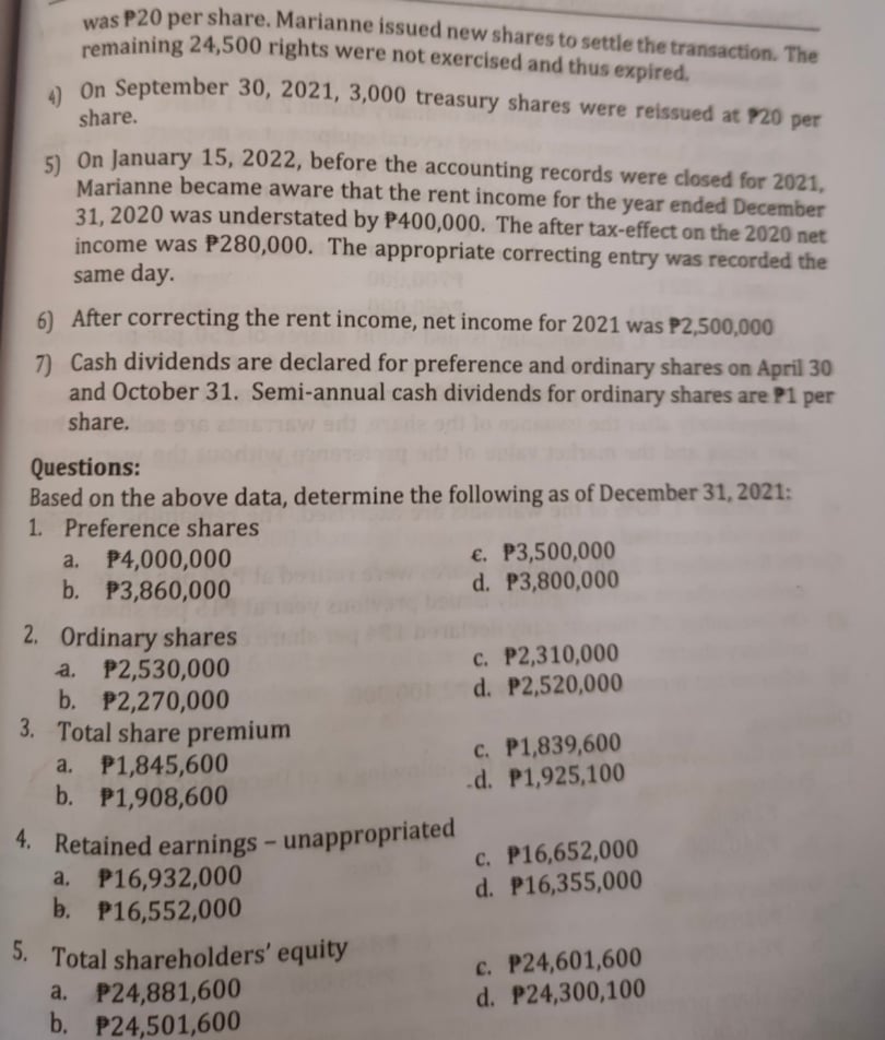 5 PROBLEM 32-28 Comprehensive Problem Marianne Corporation had the following shareholders' equity