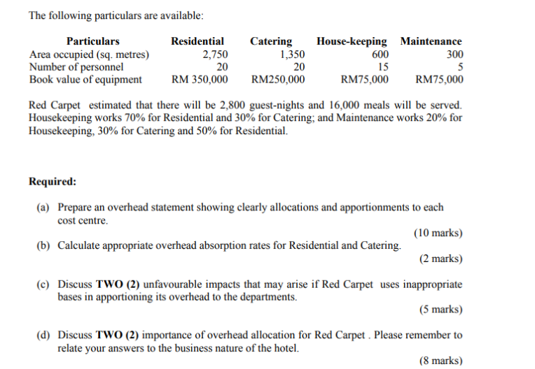 the hotel decided to create four cost centres: Residential and Catering deal