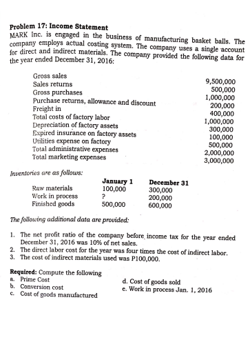  CoursHeroTranscribedText: Problem 17: Income Statement MARK Inc. is engaged in the