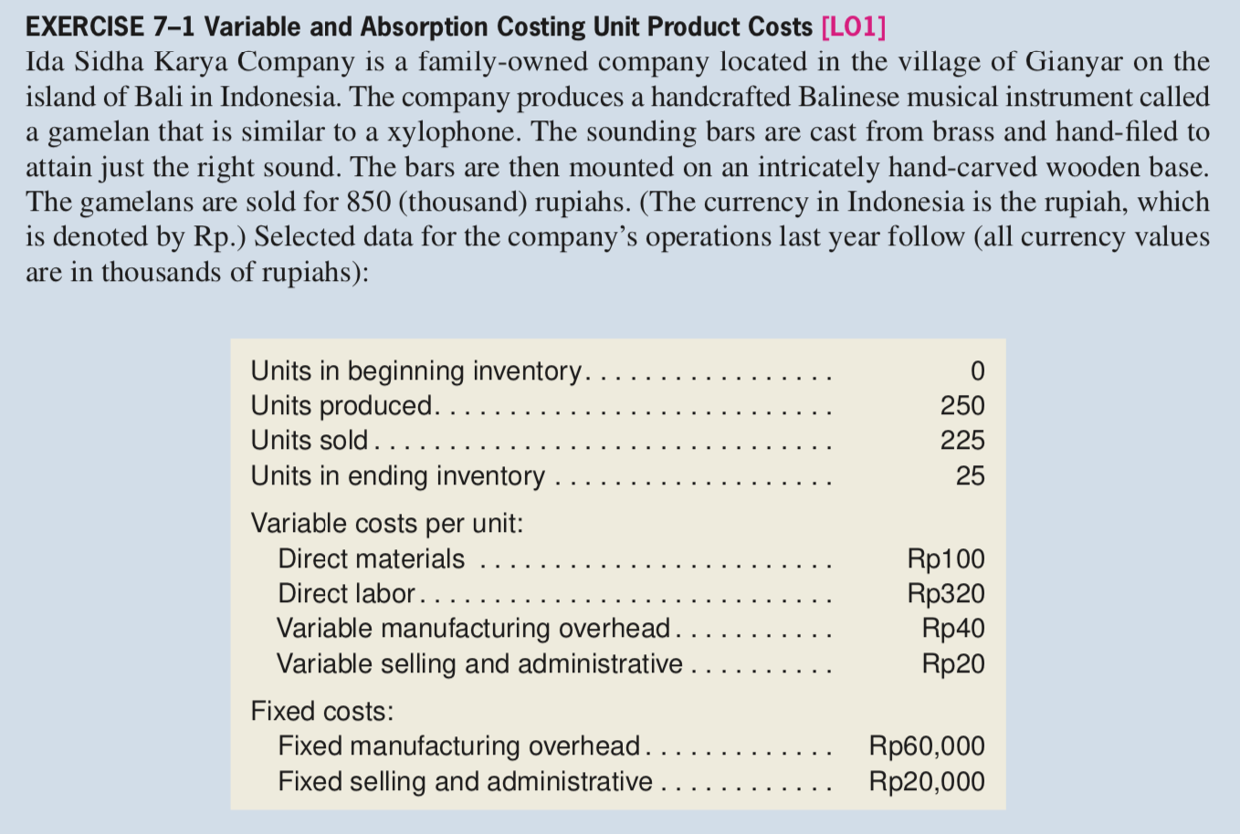  CoursHeroTranscribedText: EXERCISE 7-1 Variable and Absorption Costing Unit Product Costs [LO1]
