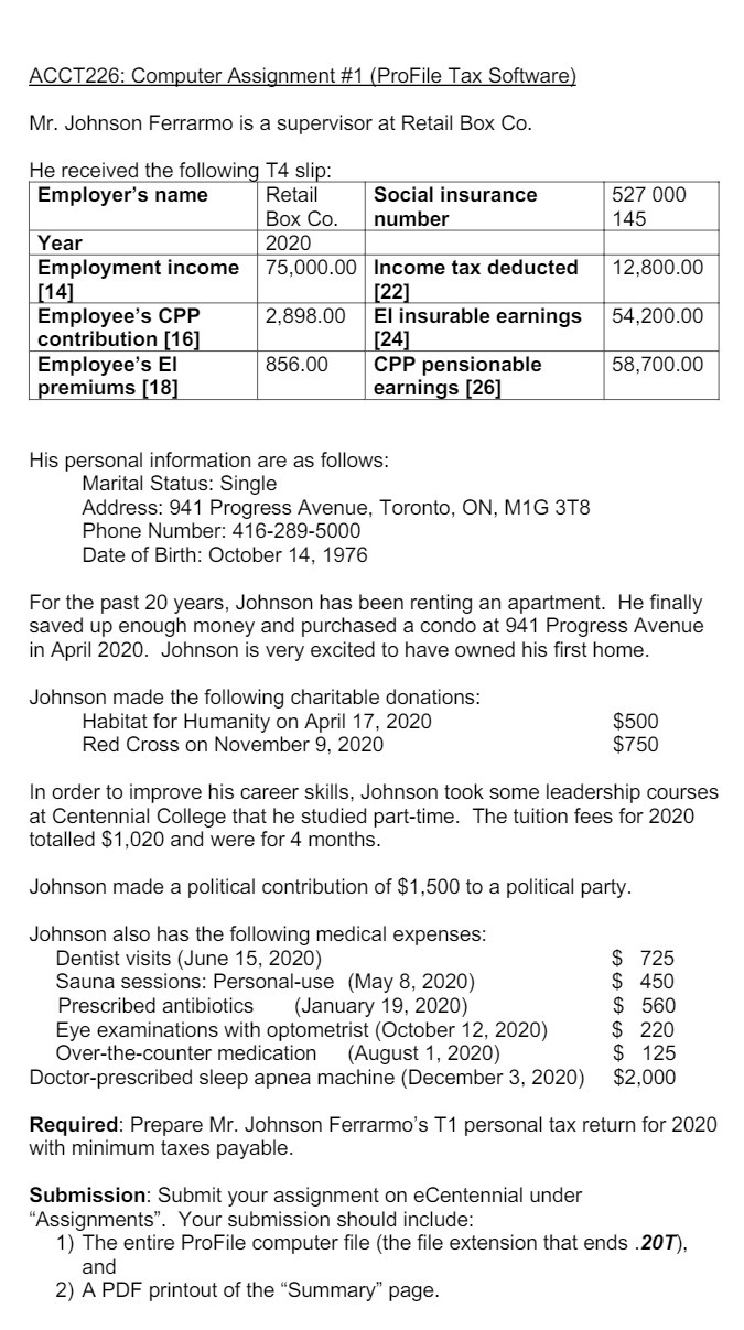  CoursHeroTranscribedText: ACCT226: Computer Assignment #1 (ProFile Tax Software) Mr. Johnson Ferrarmo