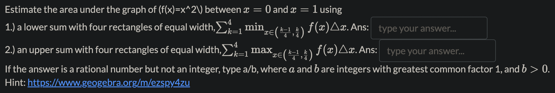 0. Estimate the area under the graph of (flx)=x"2\\) between a: =