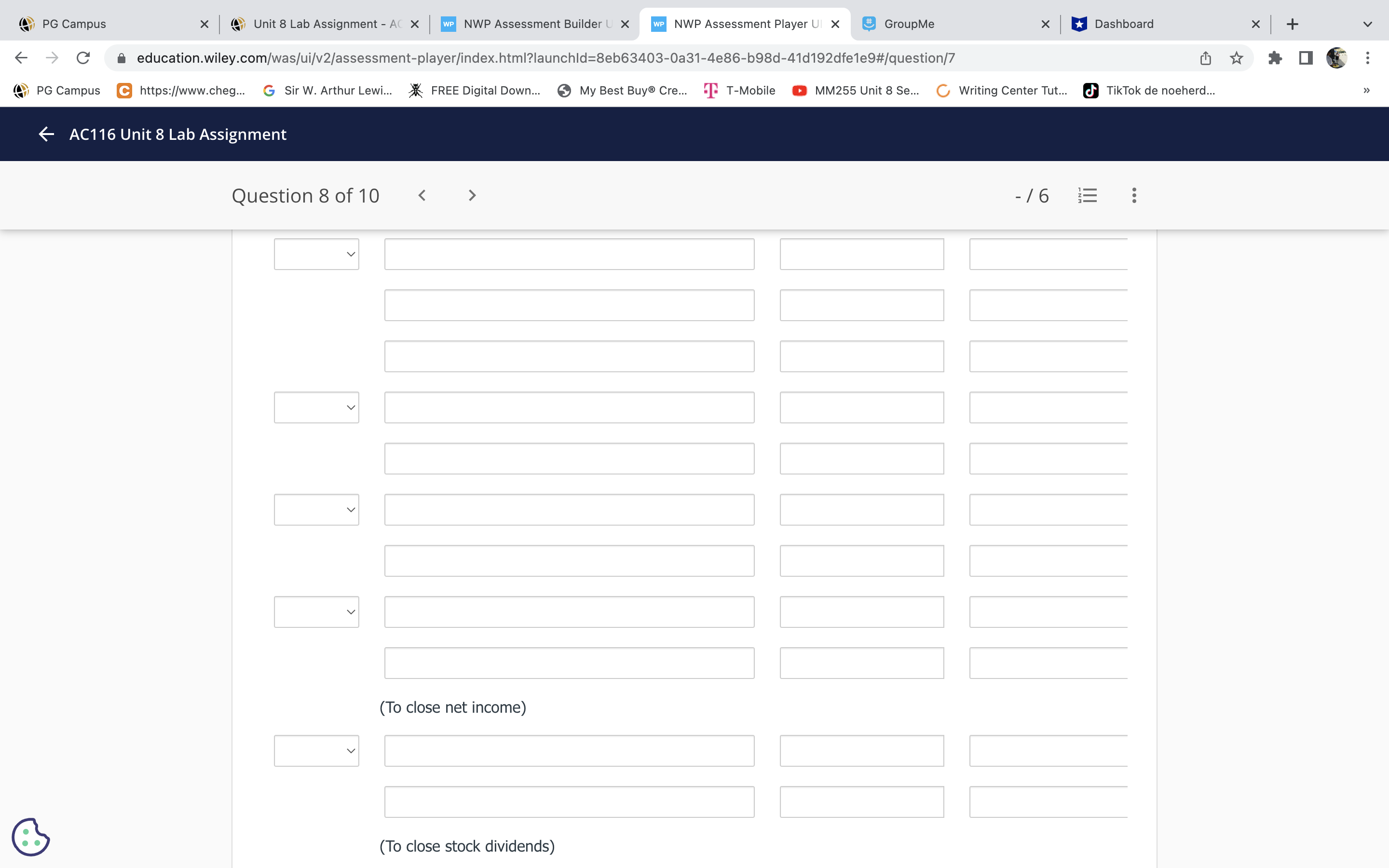GroupMe * *Dashboard X + C education.wiley.com/was/ui/v2/assessment-player/index.html?launchld=8eb63403-0a31-4e86-b98d-41d192dfele9#/question/7 PG Campus C https://www.cheg... G