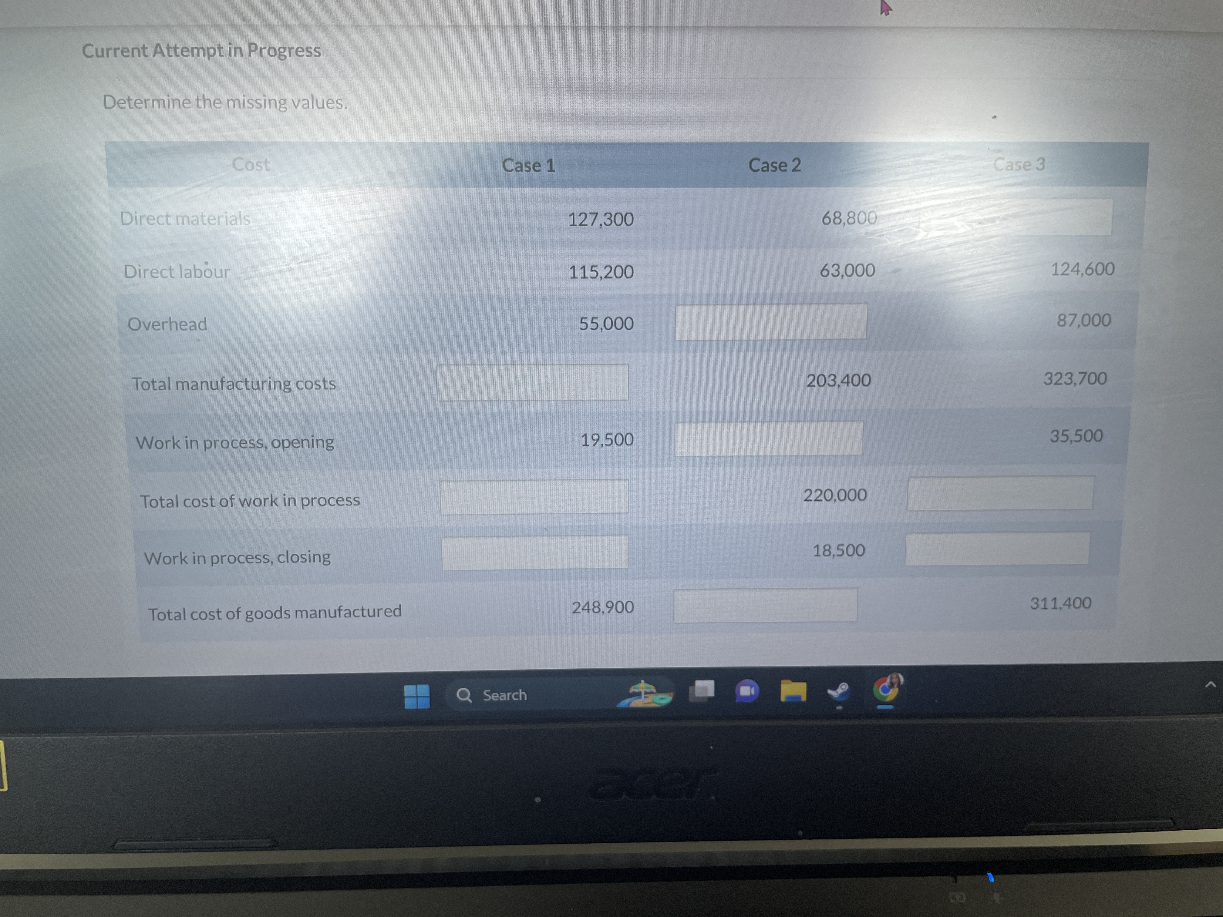  Current Attempt in Progress Determine the missing values. Cost Case 1