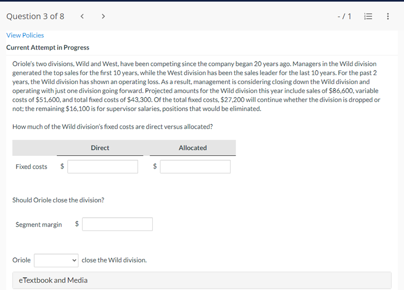  QuestionBofS _/1 E View Policies Current Attempt in Progress Oriole's two