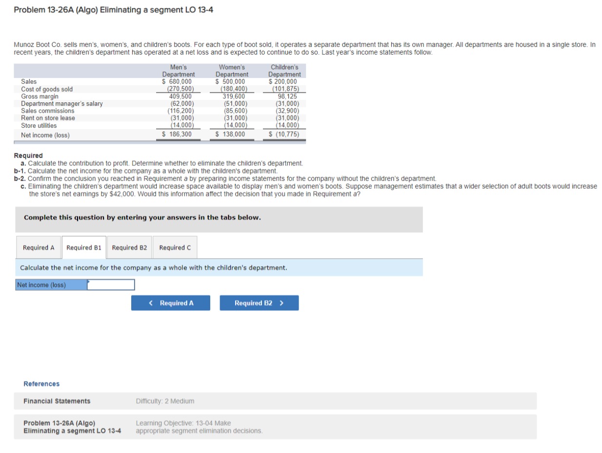 Problem 13-26A (Algo) Eliminating a segment LO 13-4 Munoz Boot Co.
