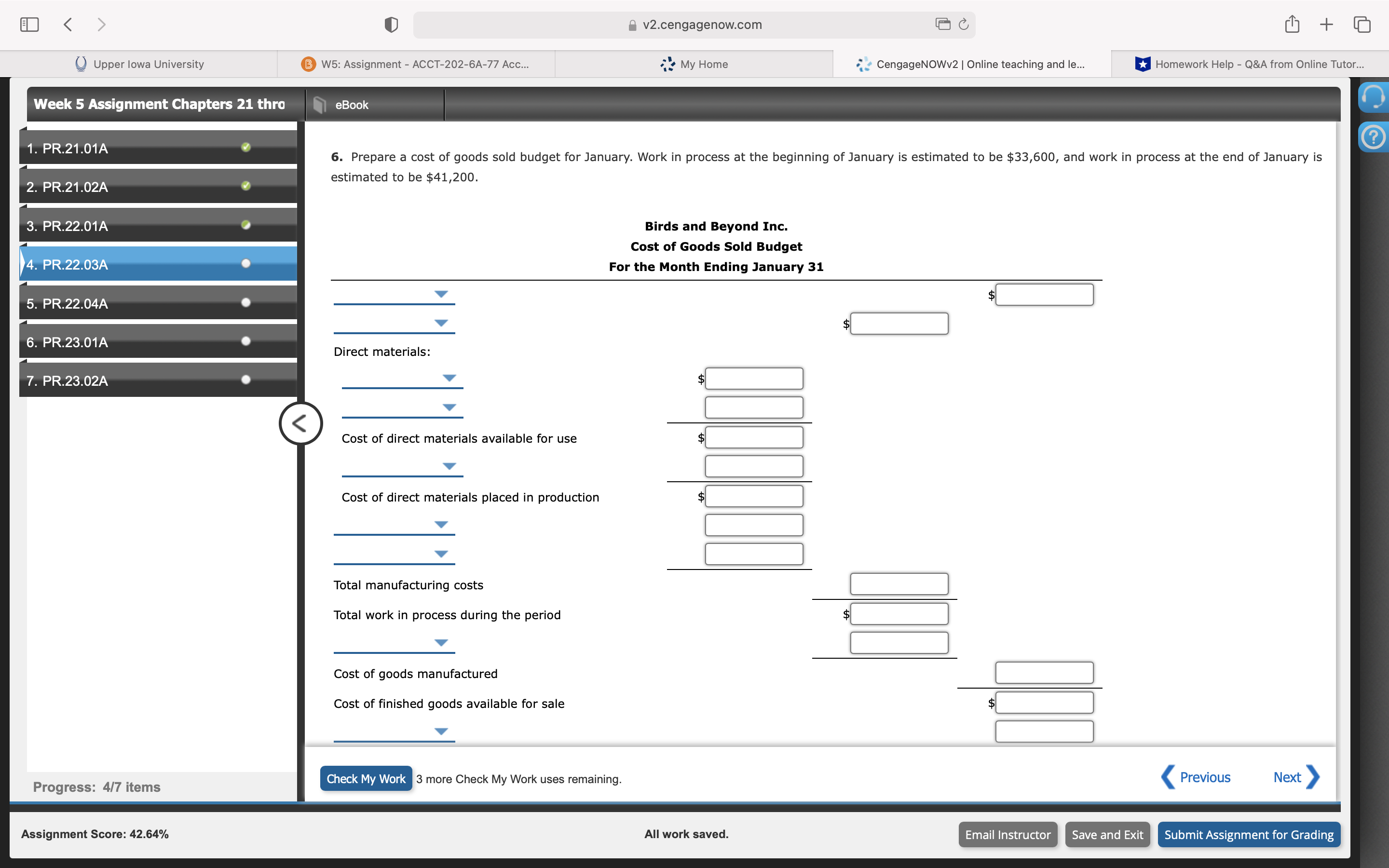 PR.22.03A Bird feeder 5,000 units at $82 per unit b. Estimated inventories