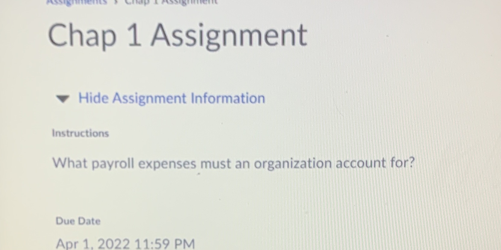  Chap 1 Assignment Hide Assignment Information Instructions What payroll expenses must