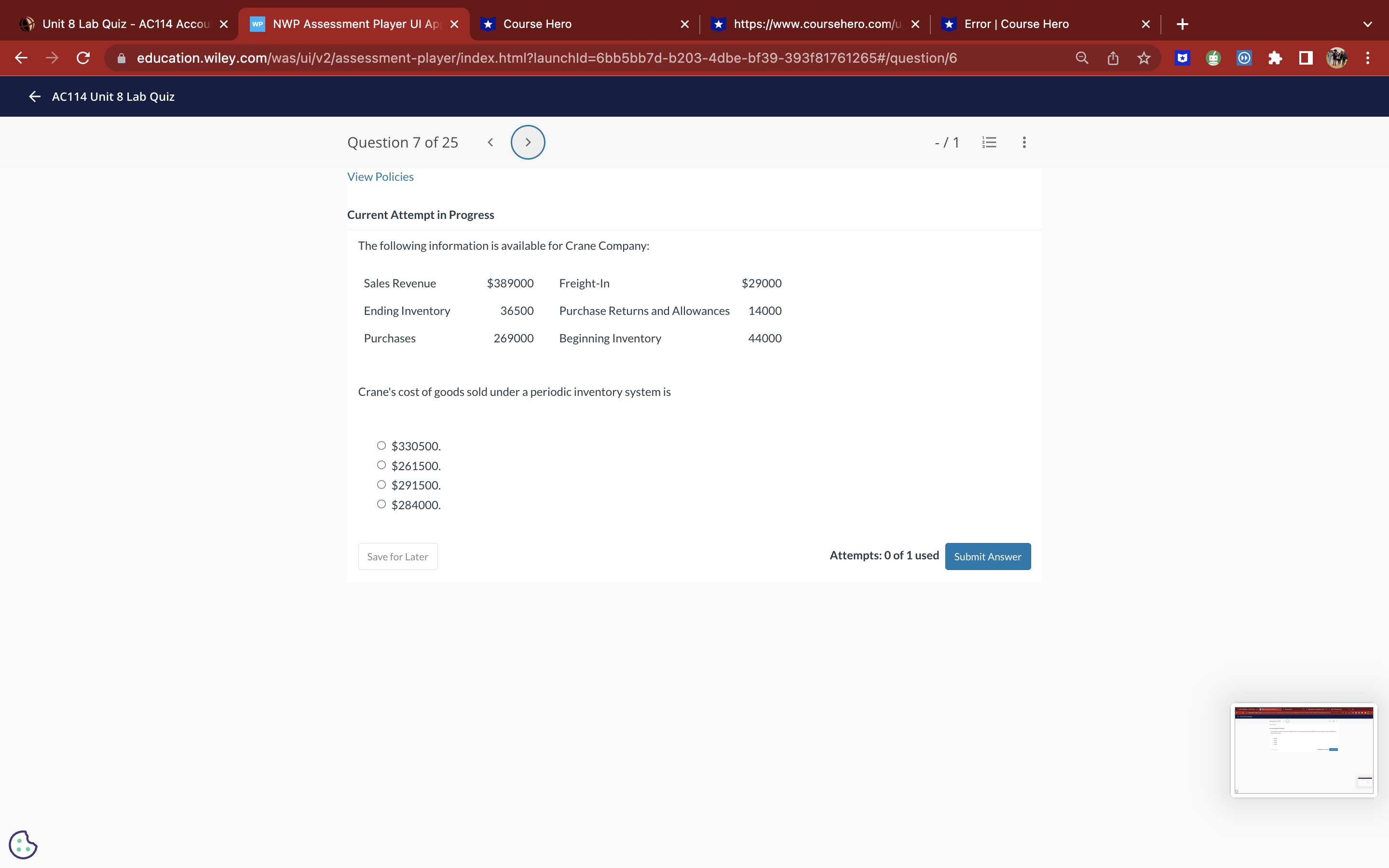 Course Hero X + education.wiley.com/was/ui/v2/assessment-player/index.html?launchld=6bb5bb7d-b203-4dbe-bf39-393f81761265#/question/4 : - AC114 Unit 8 Lab Quiz