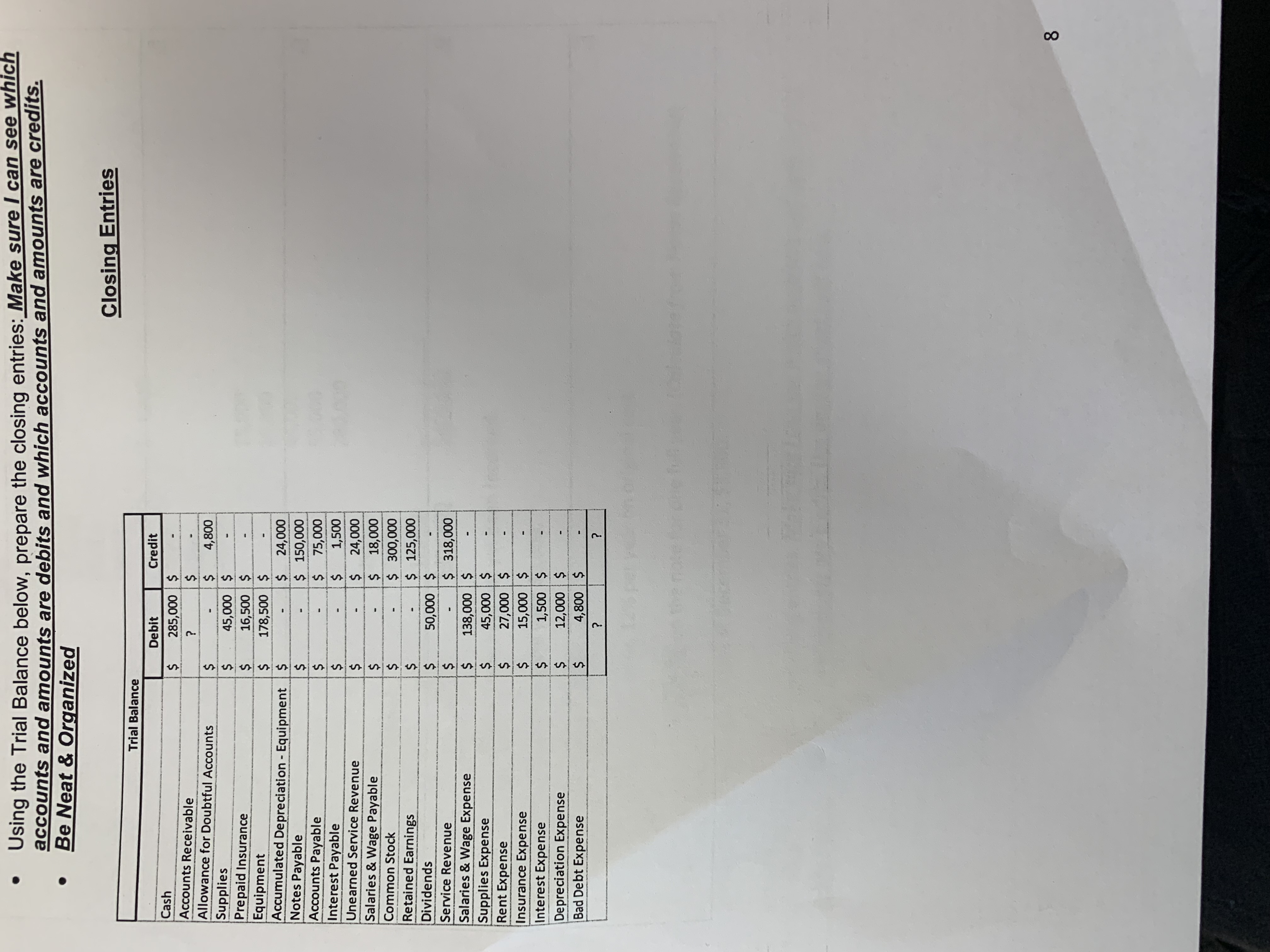  Using the Trial Balance below, prepare the closing entries: Make sure