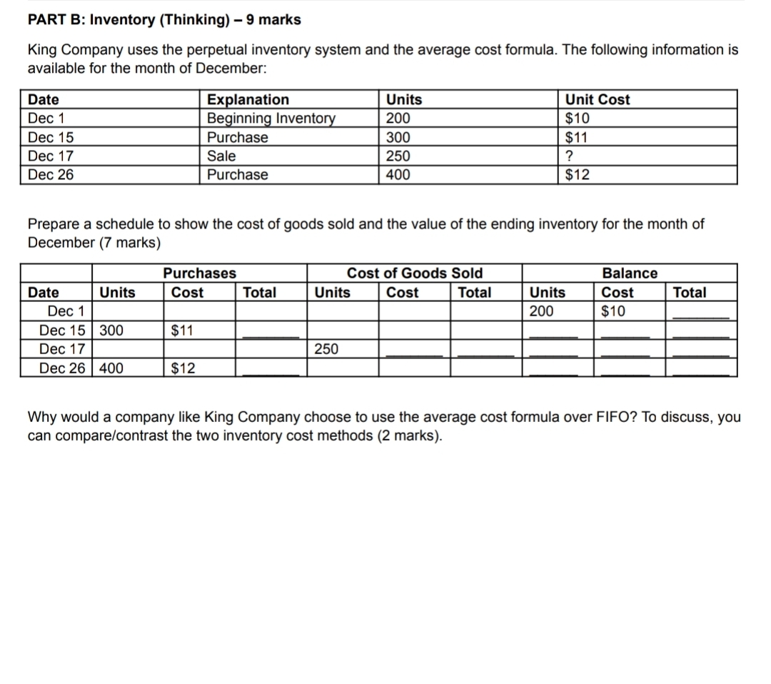 grade 12 accounting PART B: Inventory (Thinking) - 9 marks King Company