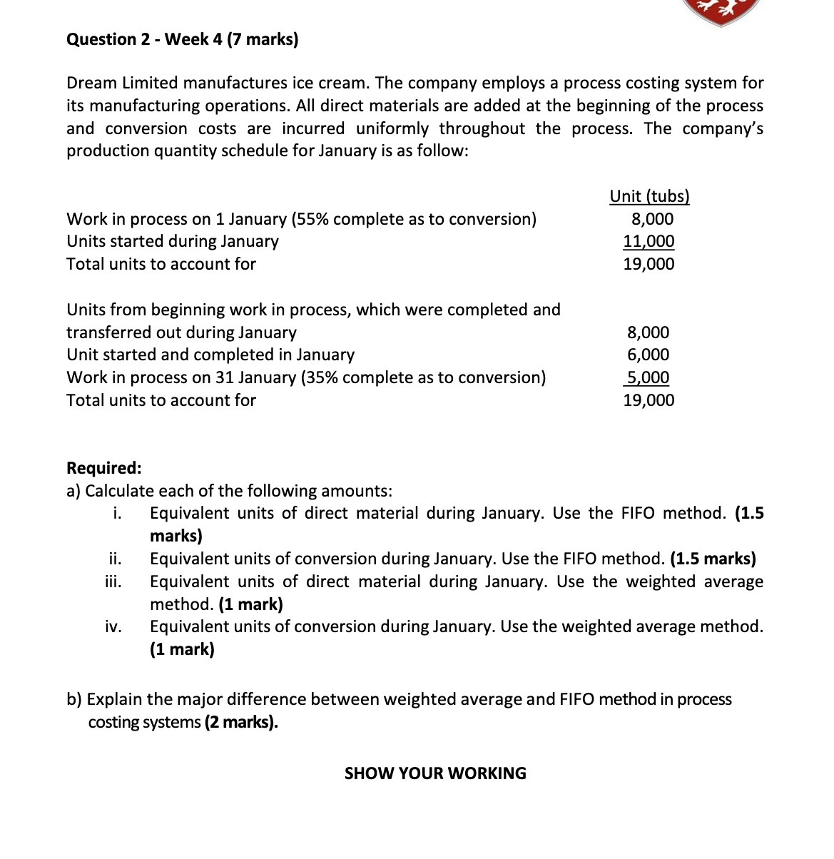  W Question 2 - Week 4 (7 marks) Dream Limited manufactures