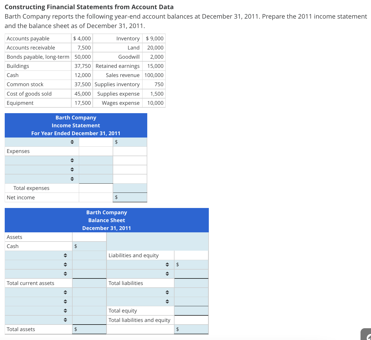 Managerial Accounting Practice Module Constructing Financial Statements from Account Data Barth Company
